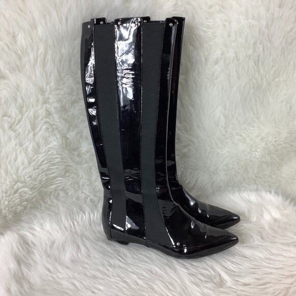 Casadei Black Low Heel Patent Leather & Stretch Panel Anilux Nero Boots 7 B - Picture 1 of 9